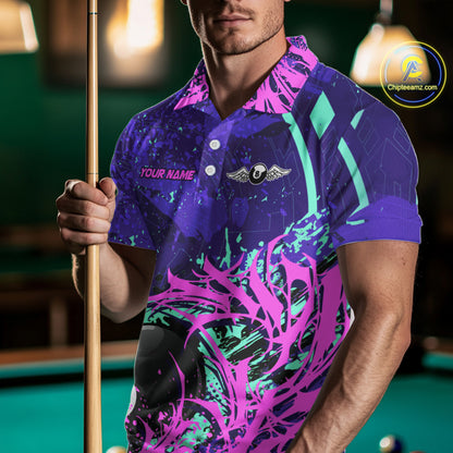 Personalized 8 Ball Billiard Shirt For Men | Neon Purple, Pink & Teal Paint Funny Pool Team Jersey TDM4232
