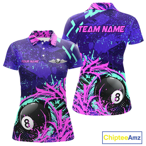 Personalized 8 Ball Billiard Shirt For Women | Neon Purple, Pink & Teal Paint Funny Pool Team Jersey TDM4232