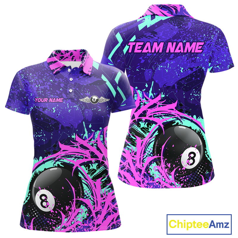 Personalized 8 Ball Billiard Shirt For Women | Neon Purple, Pink & Teal Paint Funny Pool Team Jersey TDM4232