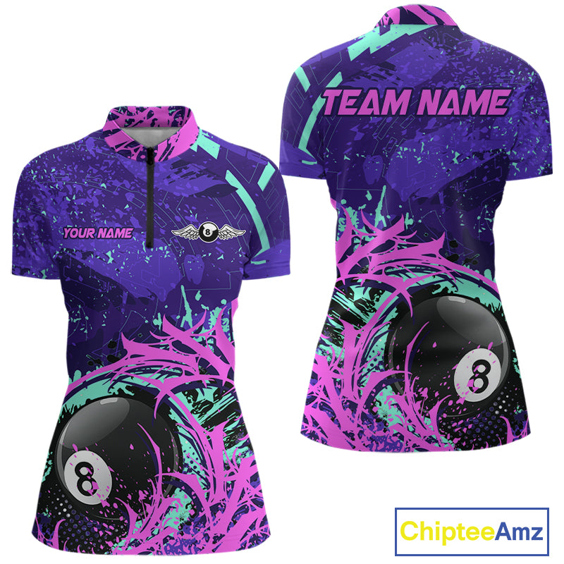 Personalized 8 Ball Billiard Shirt For Women | Neon Purple, Pink & Teal Paint Funny Pool Team Jersey TDM4232