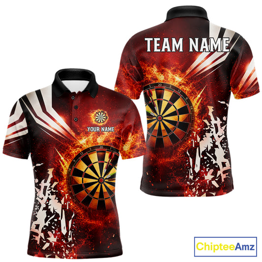 Red fire dartboard darts polo shirt for men with custom darts team graphics.