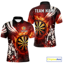 Load image into Gallery viewer, Red fire dartboard darts polo shirt for men with custom darts team graphics.