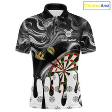 Load image into Gallery viewer, lack marble swirl darts polo shirt for men with custom darts team graphics.