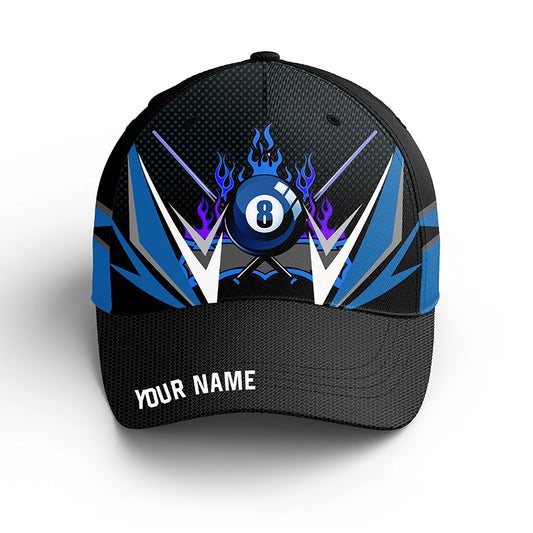 Personalized Billiard Blue Flame Caps, Custom 3D 8 Ball Billiard Hats For Pool Lover TDM0155