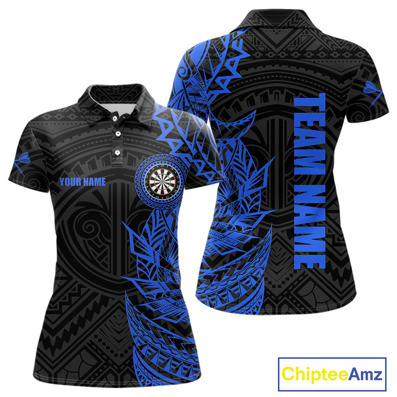 Personalized Black And Blue Tribal Darts Polo & Quarter Zip Custom Dart Shirts For Women Dart Jersey TDM4826