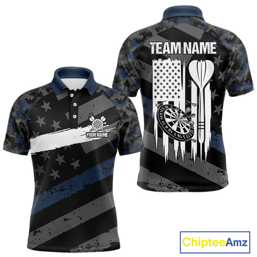 Blue Camo American Flag Darts Shirt For Men Custom Patriotic Darts Jersey Team Polo & 1/4 Zip TDM5034