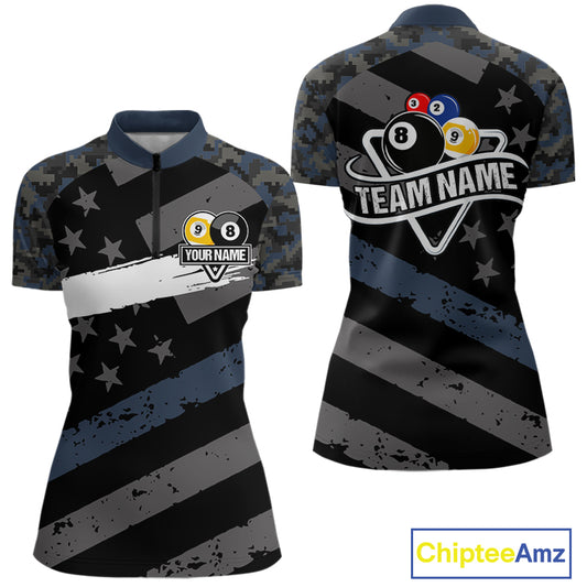 Blue Camo US Flag 8 Ball & 9 Ball Pool Jersey For Women Custom Billiard Team Shirt Polo & 1/4 Zip TDM5035
