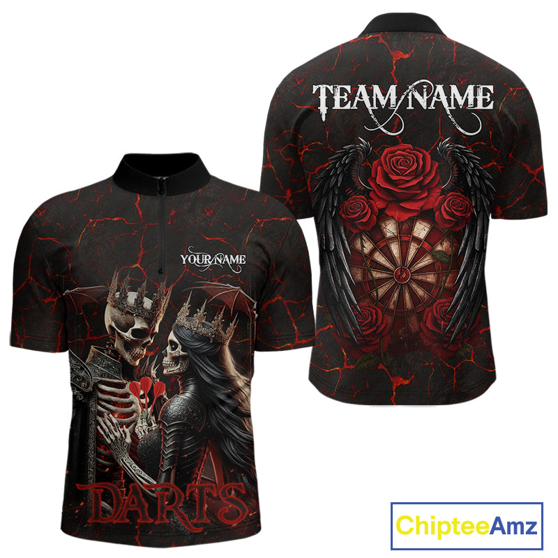 Personalized Skeleton Couple And Roses Gothic Darts Shirt For Men Custom Dart Jersey Outfit|Red TDM5038