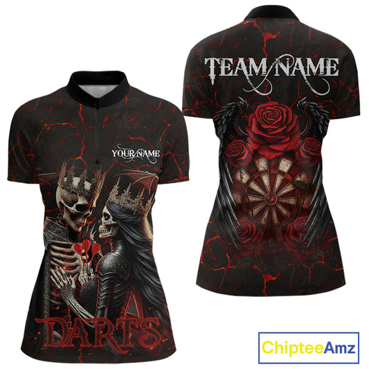 Personalized Skeleton Couple And Roses Gothic Darts Shirt For Women Custom Dart Jersey Outfit|Red TDM5038