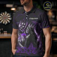 Load image into Gallery viewer, Personalized Skeleton Couple And Roses Gothic Darts Shirt For Men, Darts Jersey Outfit | Purple TDM5040
