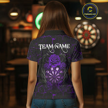 Load image into Gallery viewer, Personalized Skeleton Couple And Roses Gothic Darts Shirt For Women, Darts Jersey Outfit | Purple TDM5040