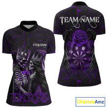 Load image into Gallery viewer, Personalized Skeleton Couple And Roses Gothic Darts Shirt For Women, Darts Jersey Outfit | Purple TDM5040