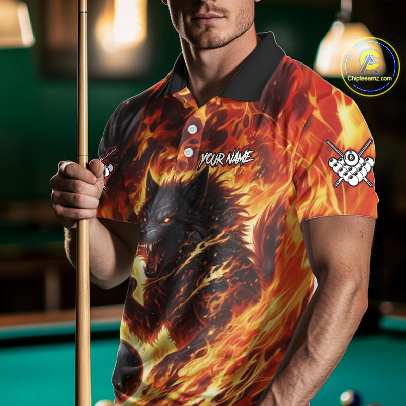 Orange Flaming Wolf 8 Ball Pool Billiard Shirt For Men Custom Billiard League Team Jersey TDM5252
