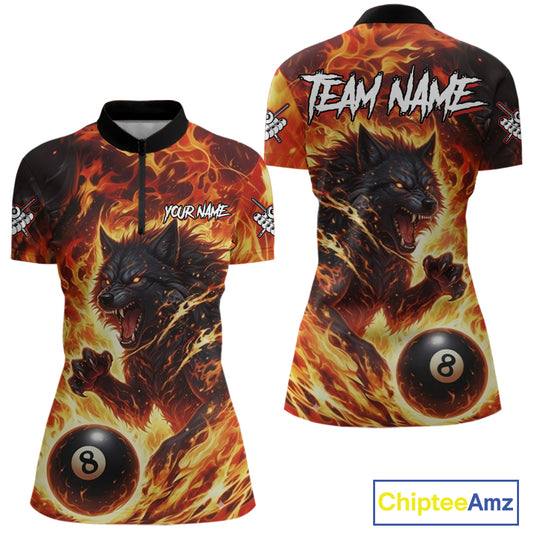 Orange Flaming Wolf 8 Ball Pool Billiard Shirt For Women Custom Billiard League Team Jersey TDM5252