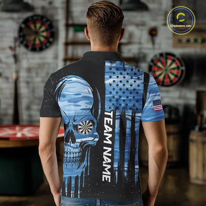 Blue Camo Skull American Flag Dart Shirt For Men Custom Patriotic Dart Jersey Team Polo & 1/4 Zip TDM5772