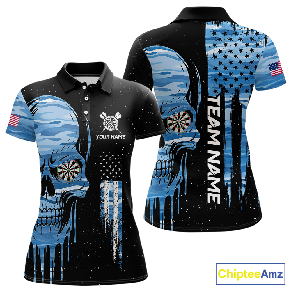 Blue Camo Skull American Flag Dart Shirt For Women Custom Patriotic Dart Jersey Team Polo & 1/4 Zip TDM5772