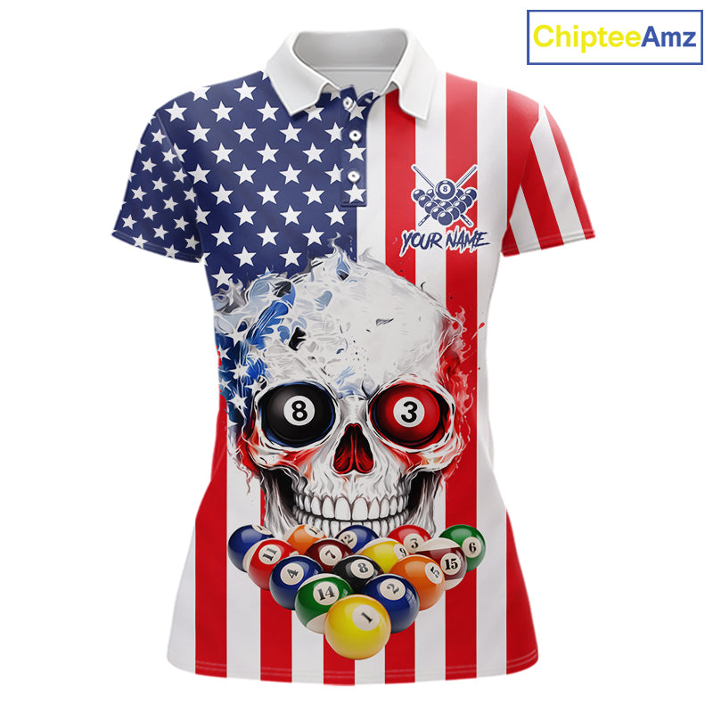 American Flag Grunge Skull Billiard Shirt For Women Custom Patriotic Pool Team Jersey Polo & 1/4 Zip TDM6132
