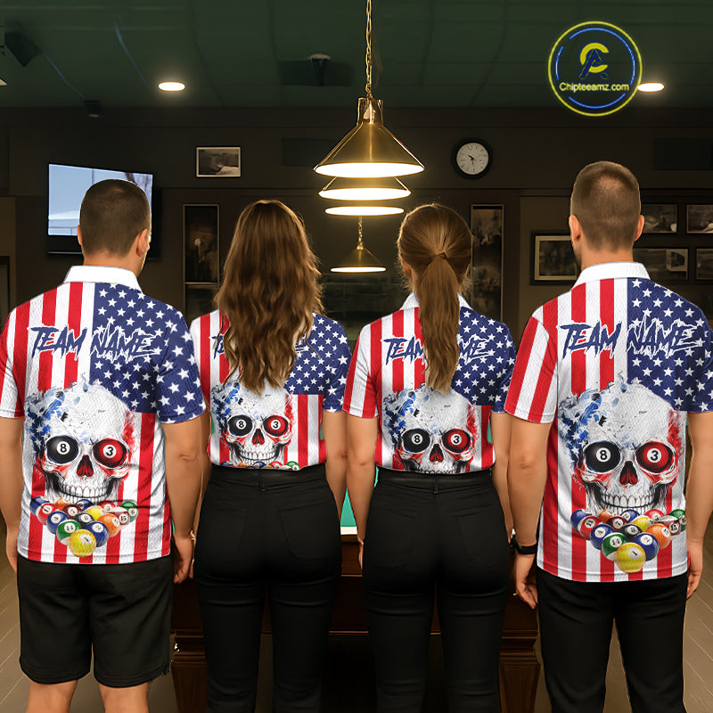 American Flag Grunge Skull Billiard Shirt For Men Custom Patriotic Pool Team Jersey Polo & 1/4 Zip TDM6132