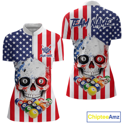 American Flag Grunge Skull Billiard Shirt For Women Custom Patriotic Pool Team Jersey Polo & 1/4 Zip TDM6132