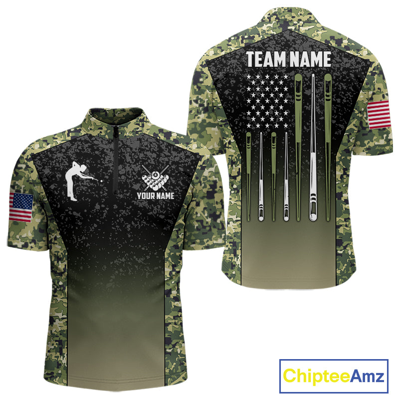 Custom Green Camo US Flag 8 Ball Pool Shirt For Men, Billiard Team Jersey Polo & 1/4 Zip TDM6138