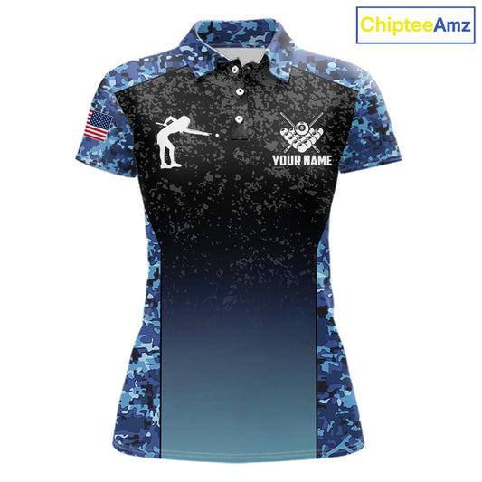 Custom Blue Camo US Flag 8 Ball Pool Shirt For Women, Billiard Team Jersey Polo & 1/4 Zip TDM6139