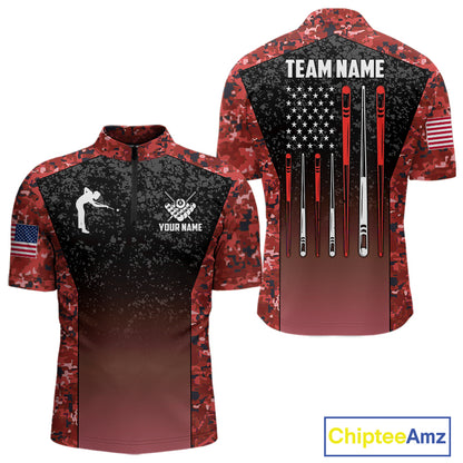 Custom Red Camo US Flag 8 Ball Pool Shirt For Men, Billiard Team Jersey Polo & 1/4 Zip TDM6140
