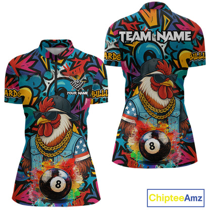 Funny Rooster Colorful Graffiti 8 Ball Billiard Shirt For Women Custom Pool Jersey Polo & 1/4 Zip TDM6368