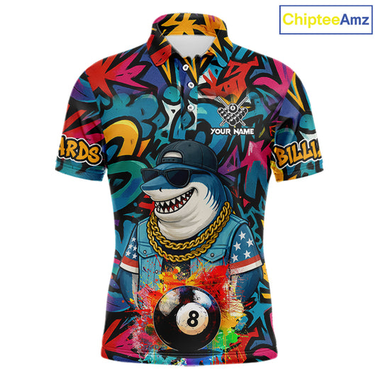 Funny Shark Colorful Graffiti 8 Ball Billiard Shirt For Men Custom Pool Jersey Polo & 1/4 Zip TDM6369
