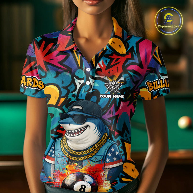 Funny Shark Colorful Graffiti 8 Ball Billiard Shirt For Women Custom Pool Jersey Polo & 1/4 Zip TDM6369