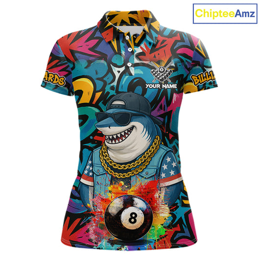 Funny Shark Colorful Graffiti 8 Ball Billiard Shirt For Women Custom Pool Jersey Polo & 1/4 Zip TDM6369