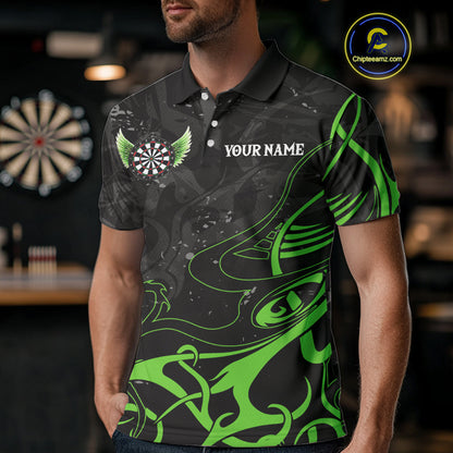 Black Green Custom Wings Darts Shirts For Men, Darts Jersey Pocket Option TDM4041