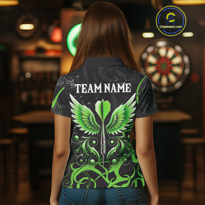 Black Green Custom Wings Darts Shirts For Women, Darts Jersey Pocket Option TDM4041