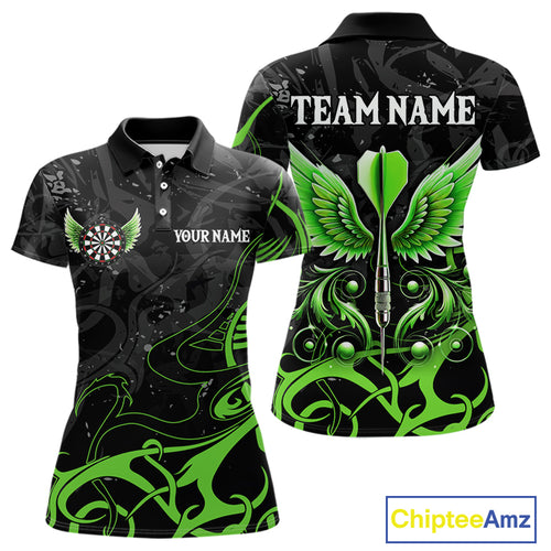 Black Green Custom Wings Darts Shirts For Women, Darts Jersey Pocket Option TDM4041