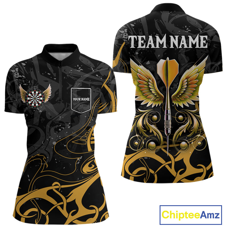Yellow Black Custom Wings Darts Shirts For Women, Darts Jersey Pocket Option TDM4042