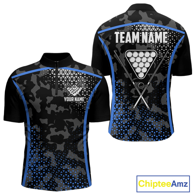 Black And Blue 8 Ball Pool Billiard Shirt For Men Custom Camo Billiard Team Jersey Polo & 1/4 Zip TDM6567