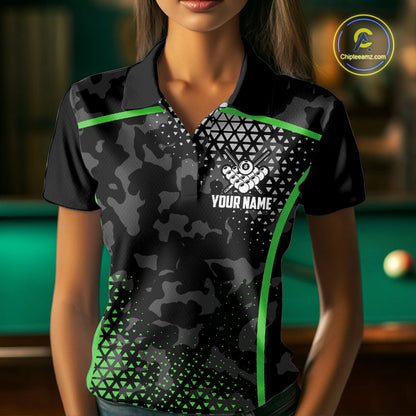 Black And Green 8 Ball Pool Billiard Shirt For Women Custom Camo Billiard Team Jersey Polo & 1/4 Zip TDM6568