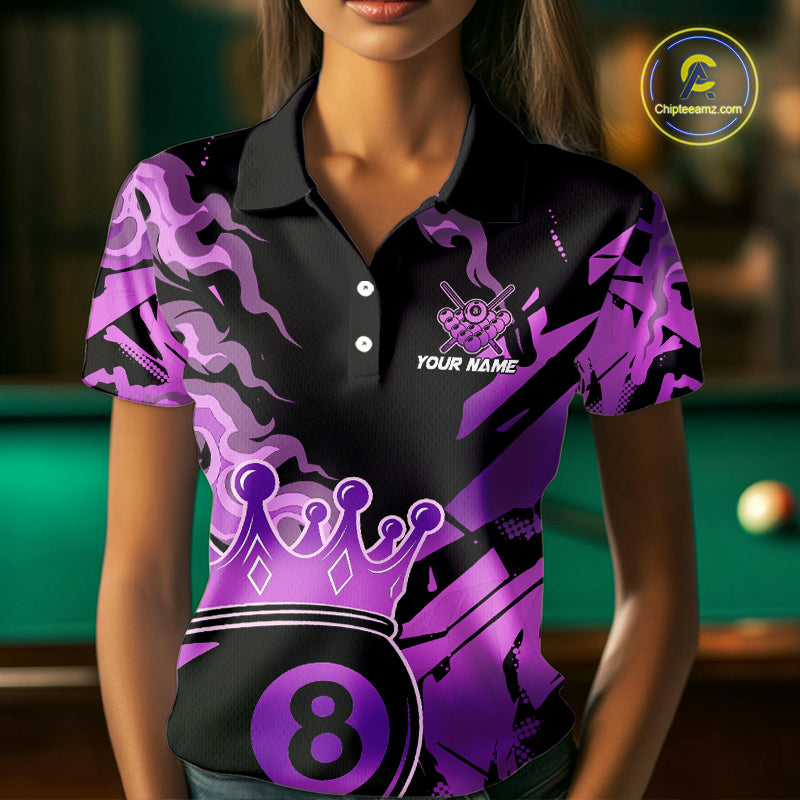 Personalized Purple 8 Ball Crown Billiard Shirt For Women, Pool King Team Jerseys Polo & 1/4 Zip TDM4237