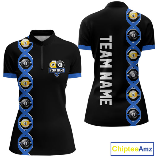 DNA Billiard 8 Ball & 9 Ball Shirts For Women Custom Funny Pool Jerseys Team Polo & 1/4 Zip |Blue TDM4391