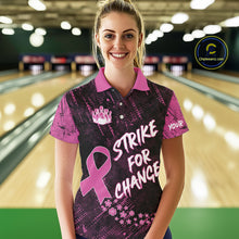 Load image into Gallery viewer, Strike For Change Pink Ribbon Custom Bowling Shirt For Women, Breast Cancer Awareness Bowling Jersey TDM4635