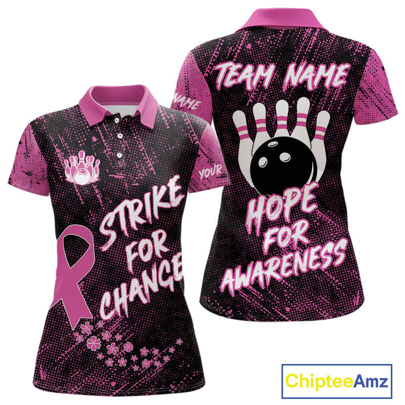 Strike For Change Pink Ribbon Custom Bowling Shirt For Women, Breast Cancer Awareness Bowling Jersey TDM4635