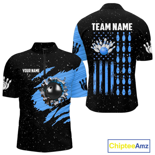 Custom Blue Grunge American Flag Bowling Shirt For Men, Patriotic Bowling Team Jersey Polo, 1/4 Zip TDM4632