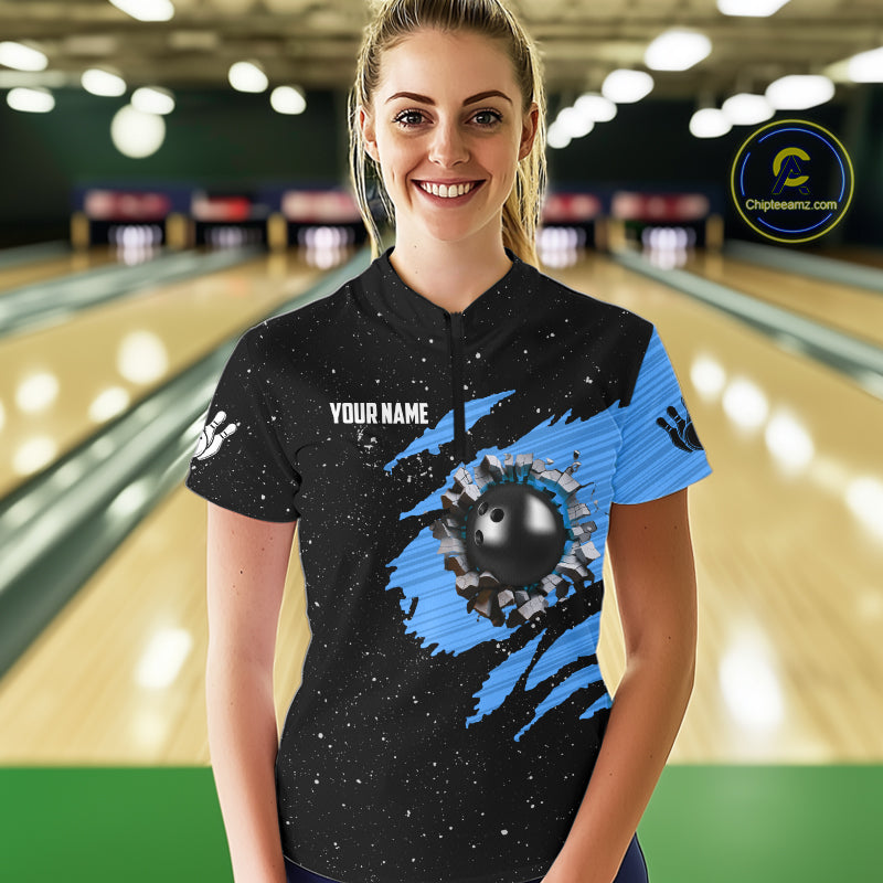 Custom Blue Grunge American Flag Bowling Shirt For Women, Patriotic Bowling Team Jersey Polo, 1/4 Zip TDM4632