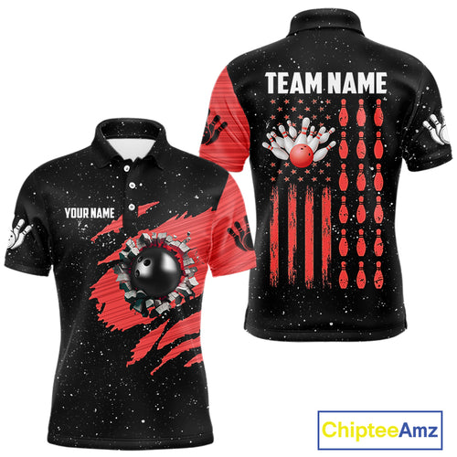 Custom Red Grunge American Flag Bowling Shirt For Men, Patriotic Bowling Team Jersey Polo, 1/4 Zip TDM4633