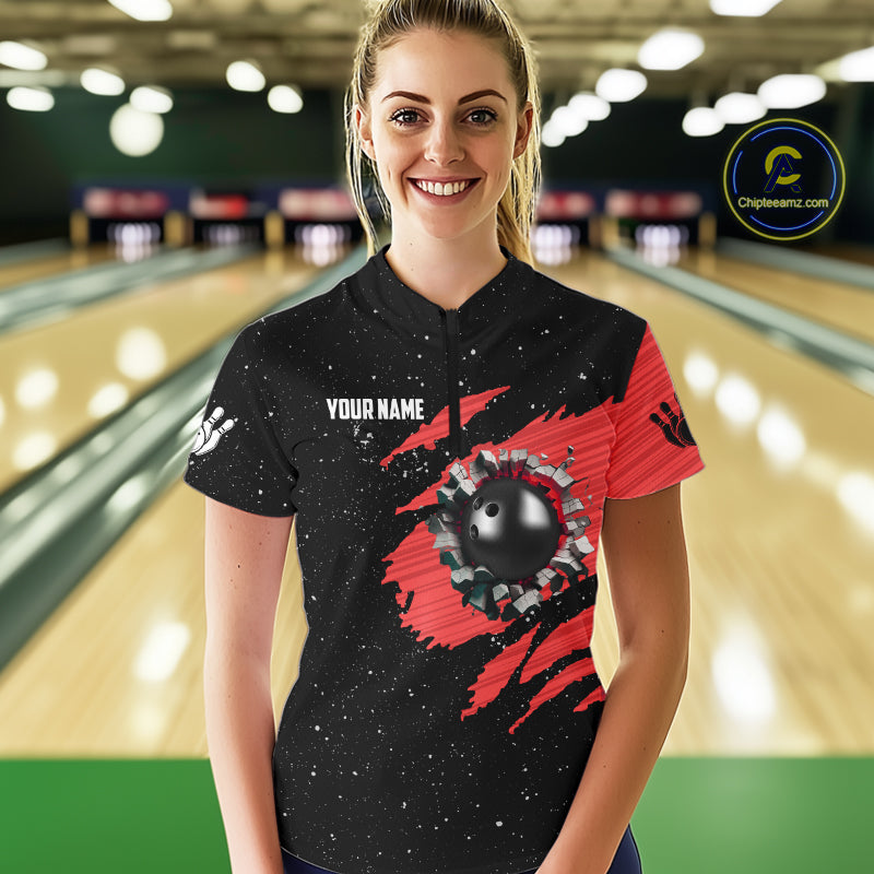 Custom Red Grunge American Flag Bowling Shirt For Women, Patriotic Bowling Team Jersey Polo, 1/4 Zip TDM4633