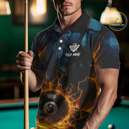 Personalized Fire Cracks 8 Ball Billiard Shirt For Men Custom 8 Ball Pool Jersey Polo & 1/4 Zip TDM5045