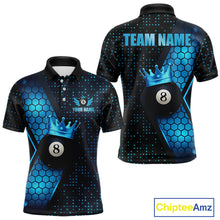Load image into Gallery viewer, Personalized Blue 8 Ball Pool Crown Hexagon Billiard Shirt For Men, Billiard League Team Jersey TDM5046