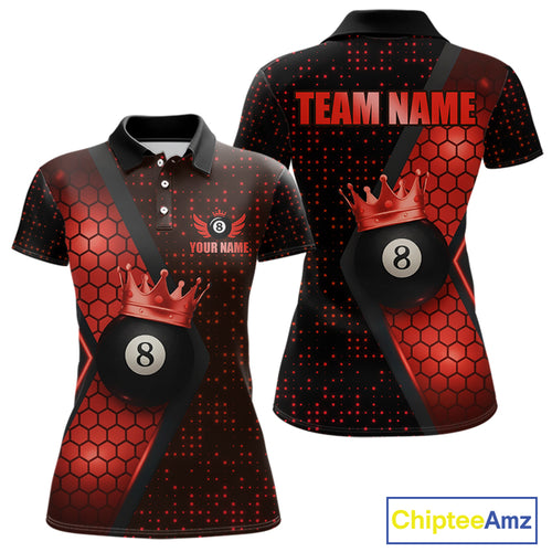 Personalized Red 8 Ball Pool Crown Hexagon Billiard Shirt For Women, Billiard League Team Jersey TDM5047
