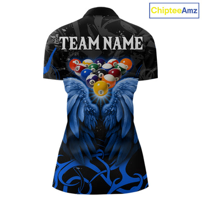 Black And Blue 8 Ball Wings Billiard Shirt For Women Custom Tribal Pool Jersey Team Polo & 1/4 Zip TDM5775