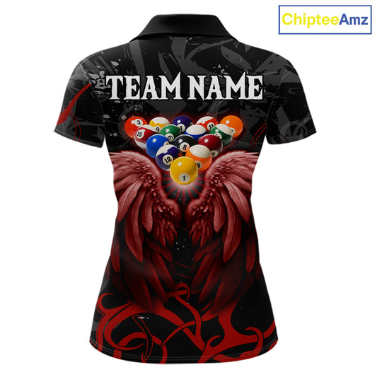 Black And Red 8 Ball Wings Billiard Shirt For Women Custom Tribal Pool Jersey Team Polo & 1/4 Zip TDM5776