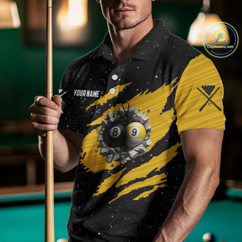 Yellow Black Grunge US Flag 8 Ball & 9 Ball Pool Men's Billiard Shirt Custom Billiard Team Jersey TDM5777